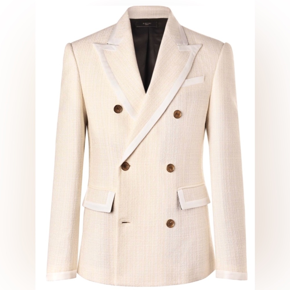 AMIRI Double-Breasted Silk Twill-Trimmed Wool-Blend Bouclé Blazer White IT50L